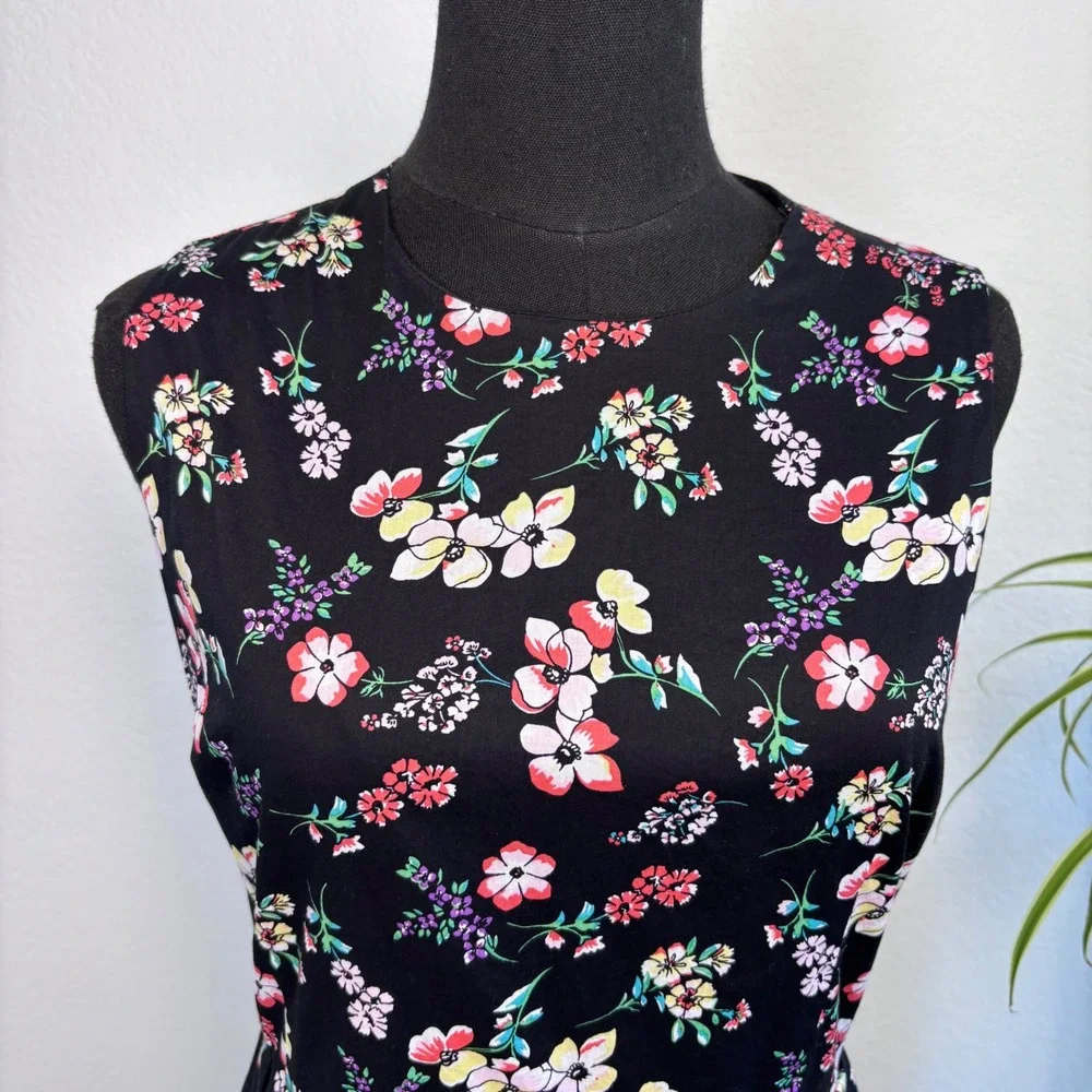 Gap Black Floral Fit and Flare Dress | 6 Petite, Sleeveless Cotton Sun Dress